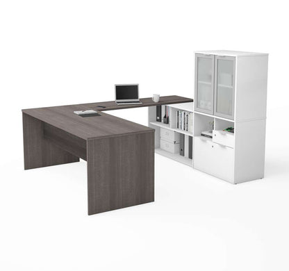 Bestar - I3 Plus 72W U-Shaped Executive Desk with Frosted Glass Doors Hutch in Bark Grey & White - 160861-4717 veiw 1