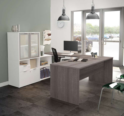 Bestar - I3 Plus 72W U-Shaped Executive Desk with Frosted Glass Doors Hutch in Bark Grey & White - 160861-4717 veiw 2