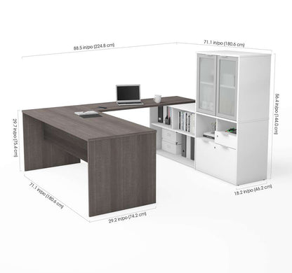 Bestar - I3 Plus 72W U-Shaped Executive Desk with Frosted Glass Doors Hutch in Bark Grey & White - 160861-4717 veiw 3