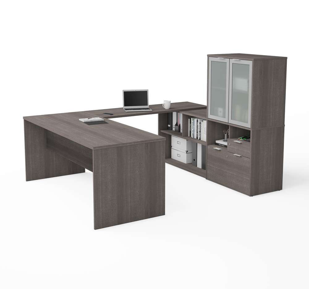 Bestar - I3 Plus 72W U-Shaped Executive Desk with Frosted Glass Doors Hutch in Bark Grey - 160861-47 veiw 1