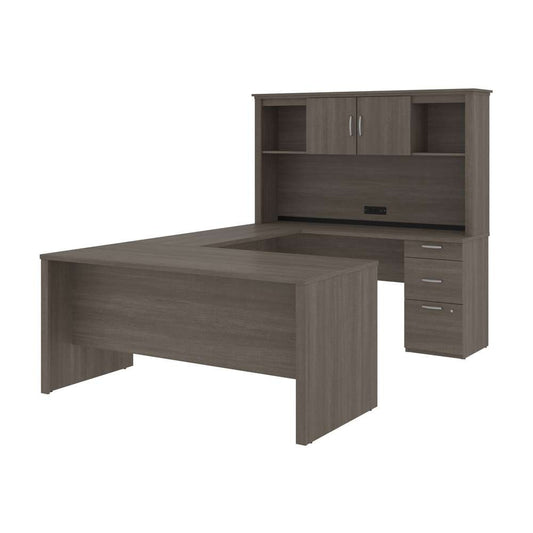 Bestar - Logan 66W U Or L-Shaped Executive Office Desk with Pedestal and Hutch in Bark Grey - 46410-47 veiw 1