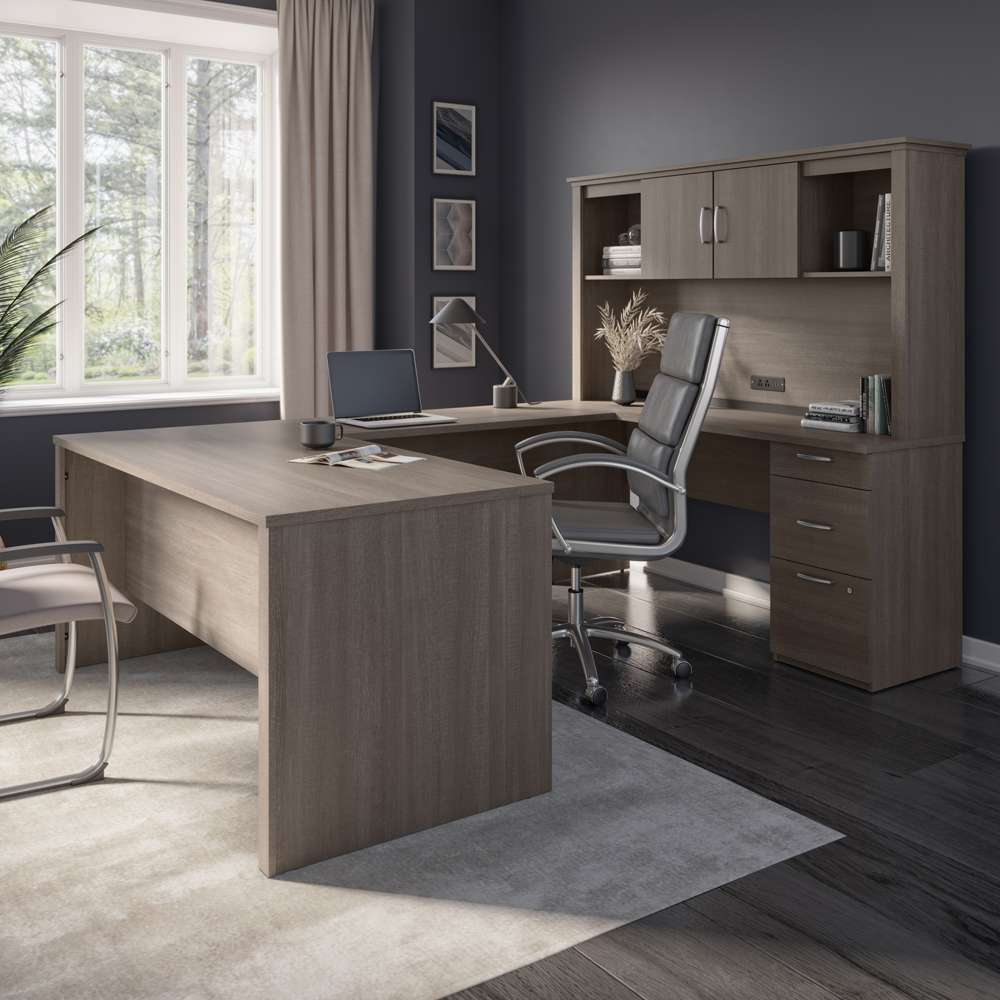 Bestar - Logan 66W U Or L-Shaped Executive Office Desk with Pedestal and Hutch in Bark Grey - 46410-47 veiw 7