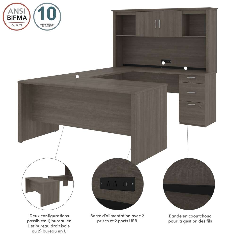 Bestar - Logan 66W U Or L-Shaped Executive Office Desk with Pedestal and Hutch in Bark Grey - 46410-47 veiw 8