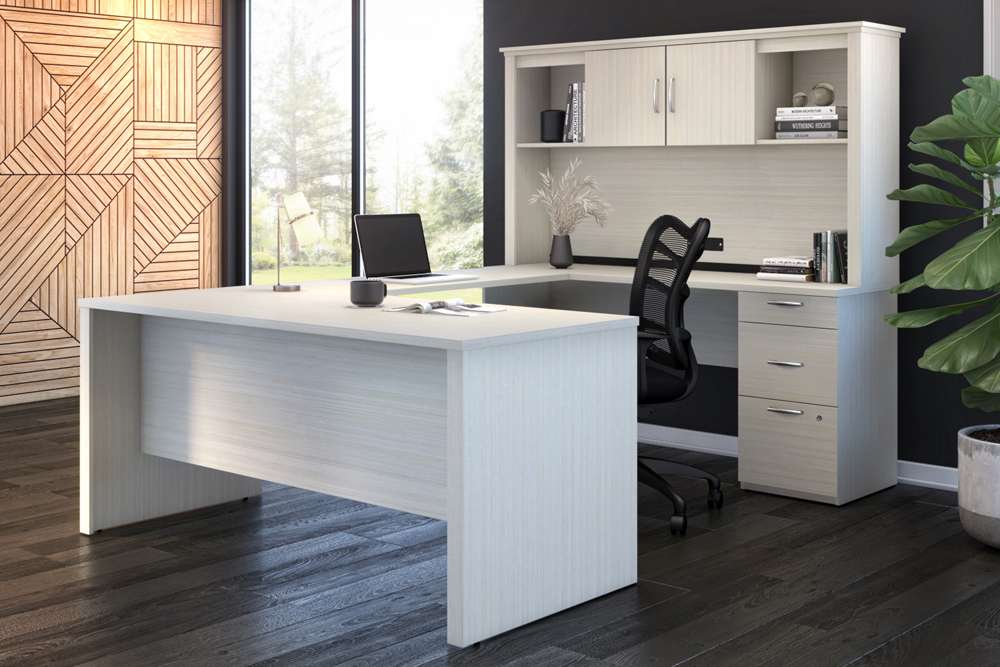 Bestar - Logan 66W U Or L-Shaped Executive Office Desk with Pedestal and Hutch in White Chocolate - 46410-31 veiw 7