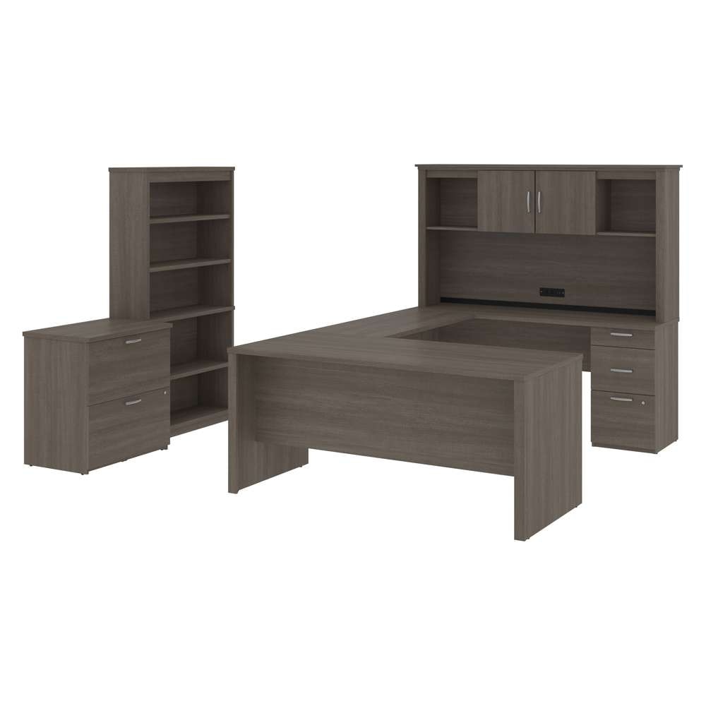 Bestar - Logan 66W U-Shaped Desk with Hutch, Lateral File Cabinet, and Bookcase in Bark Grey - 46851-47 veiw 1