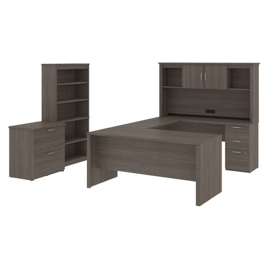 Bestar - Logan 66W U-Shaped Desk with Hutch, Lateral File Cabinet, and Bookcase in Bark Grey - 46851-47 veiw 1