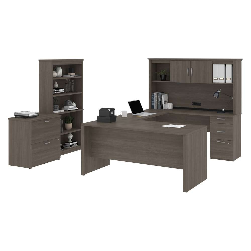 Bestar - Logan 66W U-Shaped Desk with Hutch, Lateral File Cabinet, and Bookcase in Bark Grey - 46851-47 veiw 2