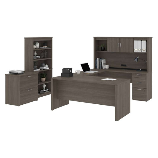 Bestar - Logan 66W U-Shaped Desk with Hutch, Lateral File Cabinet, and Bookcase in Bark Grey - 46851-47 veiw 2