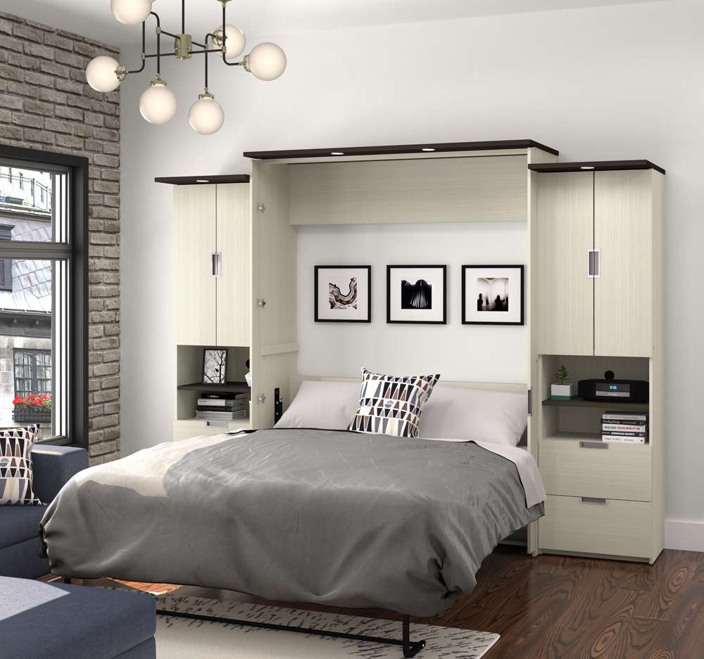 Bestar - Lumina Queen Murphy Bed with Desk and 2 Storage Cabinets (113W) in White Chocolate - 85883-31 veiw 3