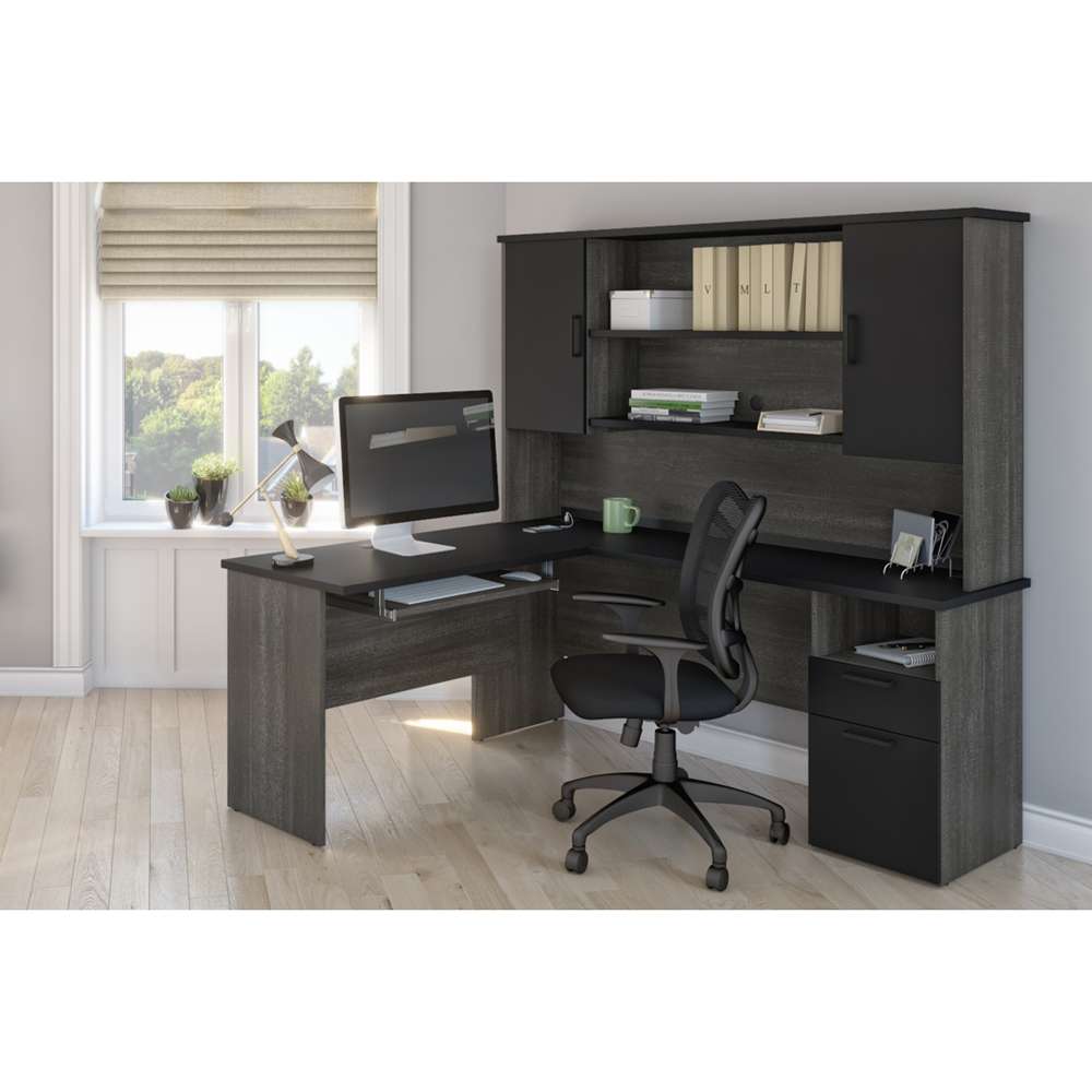 Bestar - Norma 71W L-Shaped Desk with Hutch in Black & Bark Gray - 181850-000018 veiw 4