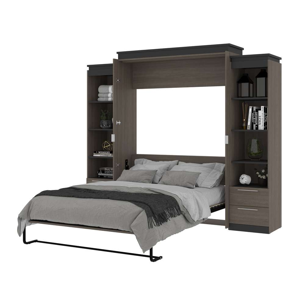 Bestar - Orion 104W Queen Murphy Bed and 2 Narrow Shelving Units with Drawers (105W) in Bark Gray & Graphite - 116885-000047 veiw 7