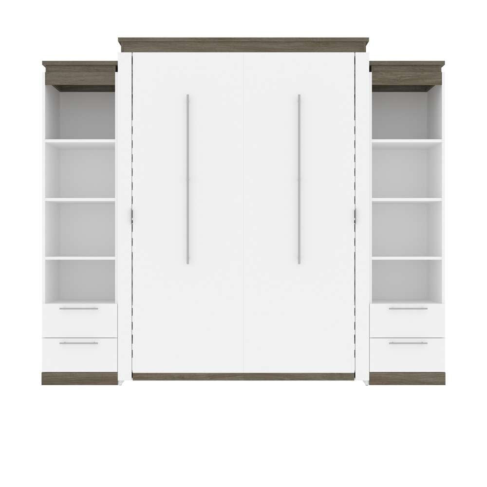 Bestar - Orion 104W Queen Murphy Bed and 2 Narrow Shelving Units with Drawers (105W) in White & Walnut Grey - 116885-000017 veiw 2