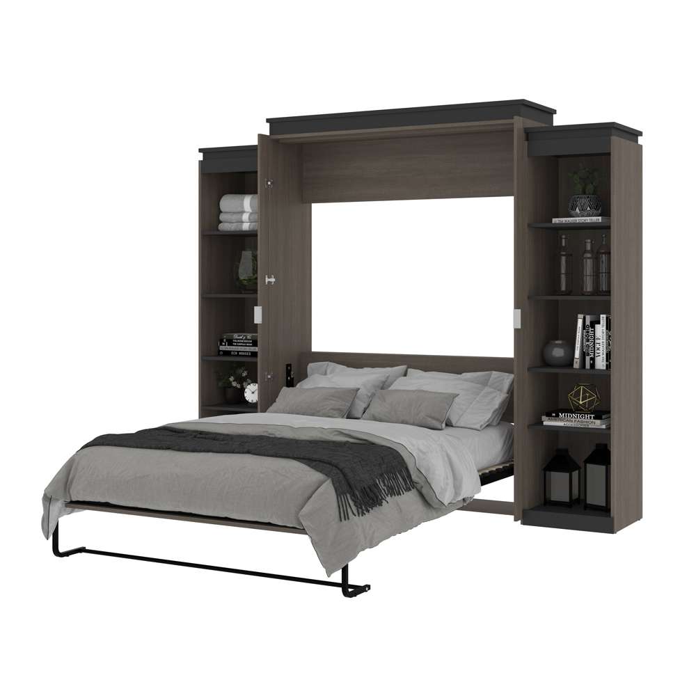 Bestar - Orion 104W Queen Murphy Bed with 2 Narrow Shelving Units (105W) in Bark Gray & Graphite - 116884-000047 veiw 7