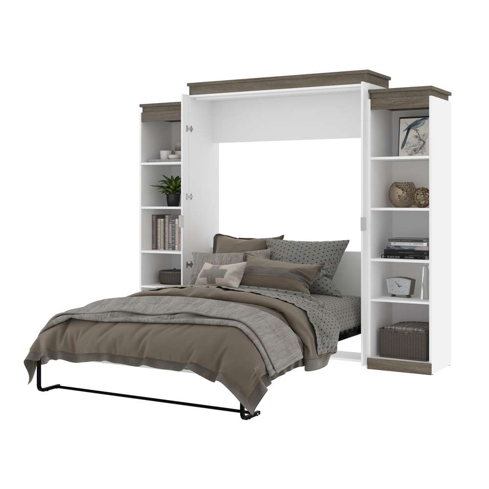 Bestar - Orion 104W Queen Murphy Bed with 2 Narrow Shelving Units (105W) in White & Walnut Grey - 116884-000017 veiw 7