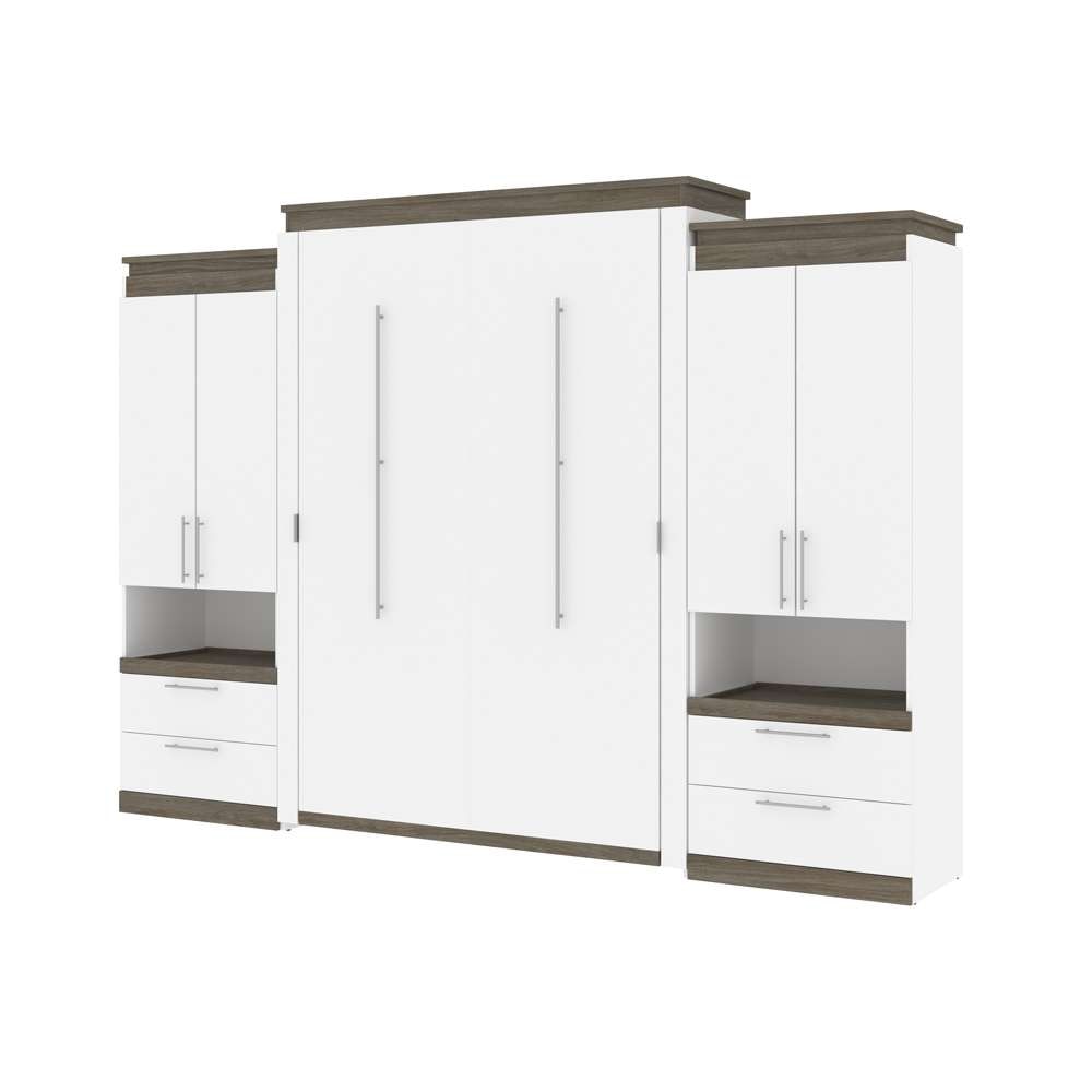 Bestar - Orion 124W Queen Murphy Bed and 2 Storage Cabinets with Pull-Out Shelves (125W) in White & Walnut Grey - 116870-000017 veiw 1
