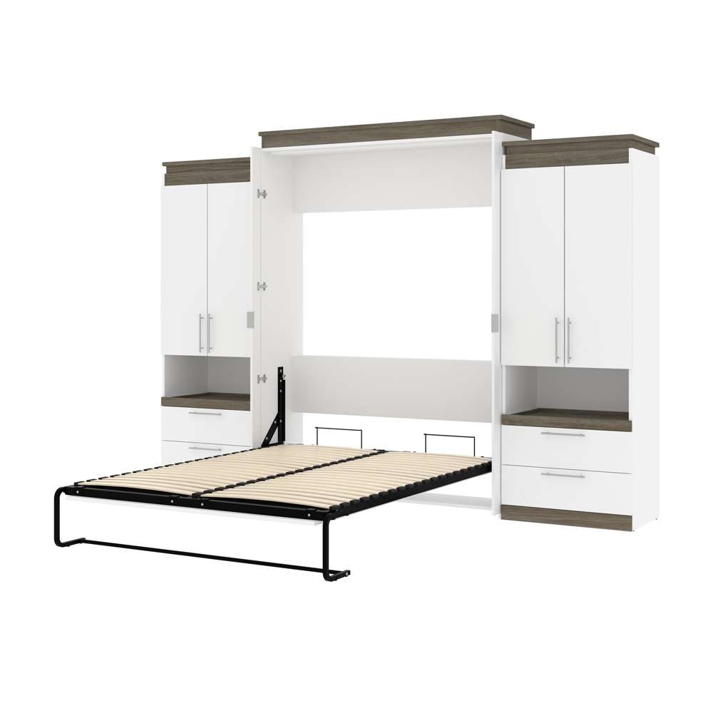 Bestar - Orion 124W Queen Murphy Bed and 2 Storage Cabinets with Pull-Out Shelves (125W) in White & Walnut Grey - 116870-000017 veiw 6