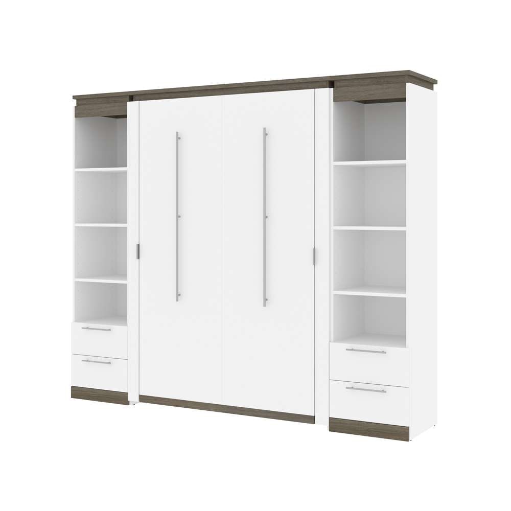 Bestar - Orion 98W Full Murphy Bed and 2 Narrow Shelving Units with Drawers (99W) in White & Walnut Grey - 116895-000017 veiw 1
