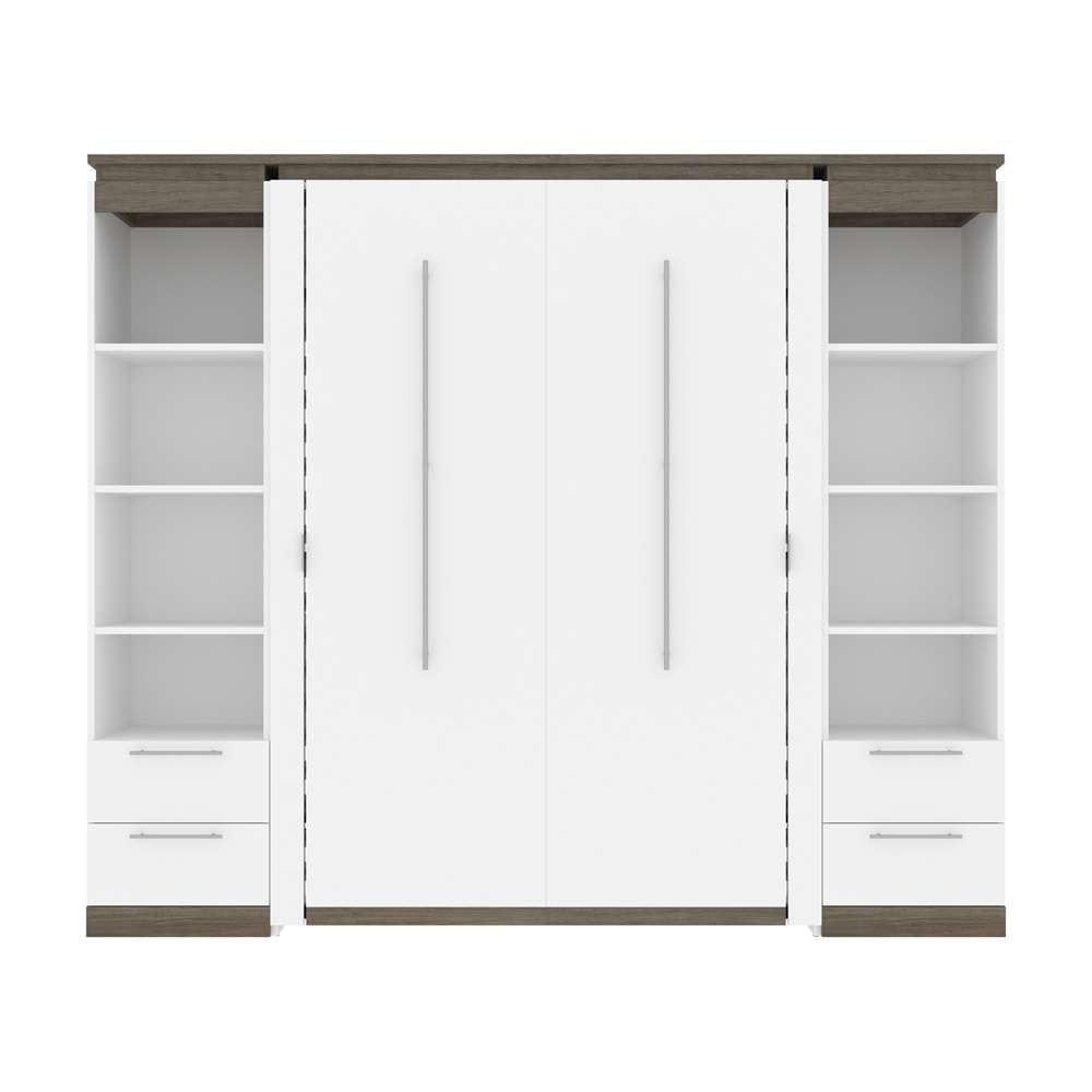 Bestar - Orion 98W Full Murphy Bed and 2 Narrow Shelving Units with Drawers (99W) in White & Walnut Grey - 116895-000017 veiw 2