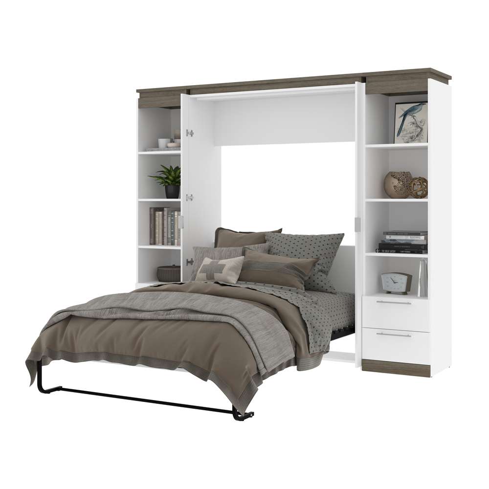 Bestar - Orion 98W Full Murphy Bed and 2 Narrow Shelving Units with Drawers (99W) in White & Walnut Grey - 116895-000017 veiw 7