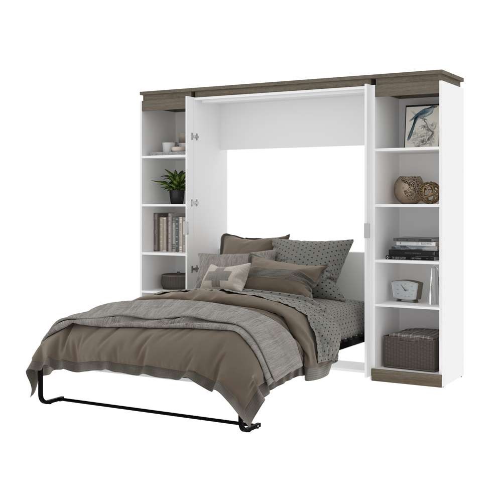 Bestar - Orion 98W Full Murphy Bed with 2 Narrow Shelving Units (99W) in White & Walnut Grey - 116894-000017 veiw 7