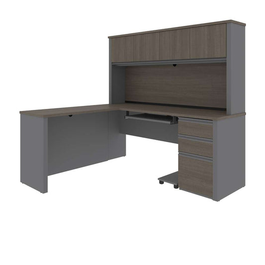 Bestar - Prestige + 72W L-Shaped Desk with Pedestal and Hutch in Bark Grey & Slate - 99872-000047 veiw 1