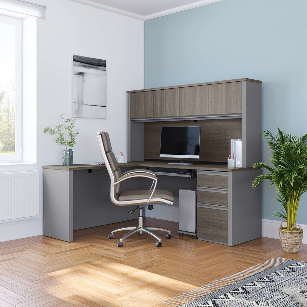 Bestar - Prestige + 72W L-Shaped Desk with Pedestal and Hutch in Bark Grey & Slate - 99872-000047 veiw 7