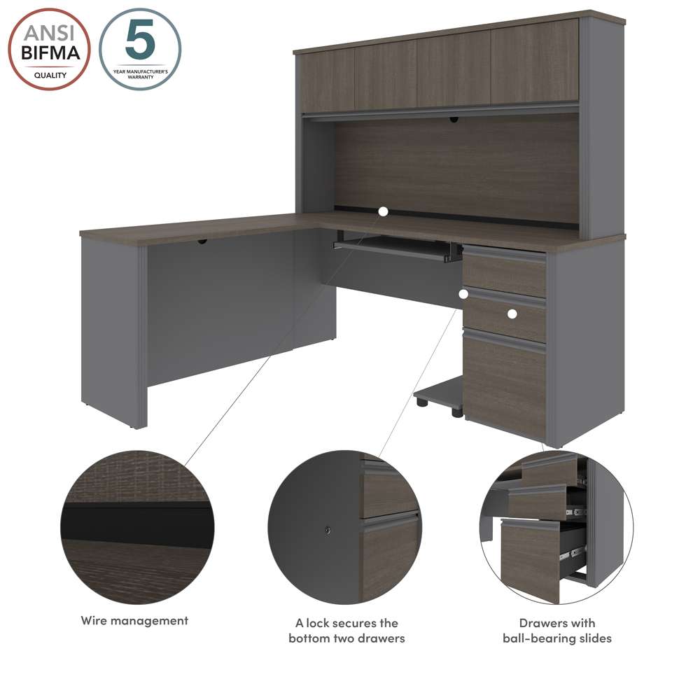 Bestar - Prestige + 72W L-Shaped Desk with Pedestal and Hutch in Bark Grey & Slate - 99872-000047 veiw 8
