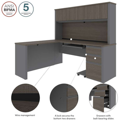 Bestar - Prestige + 72W L-Shaped Desk with Pedestal and Hutch in Bark Grey & Slate - 99872-000047 veiw 8