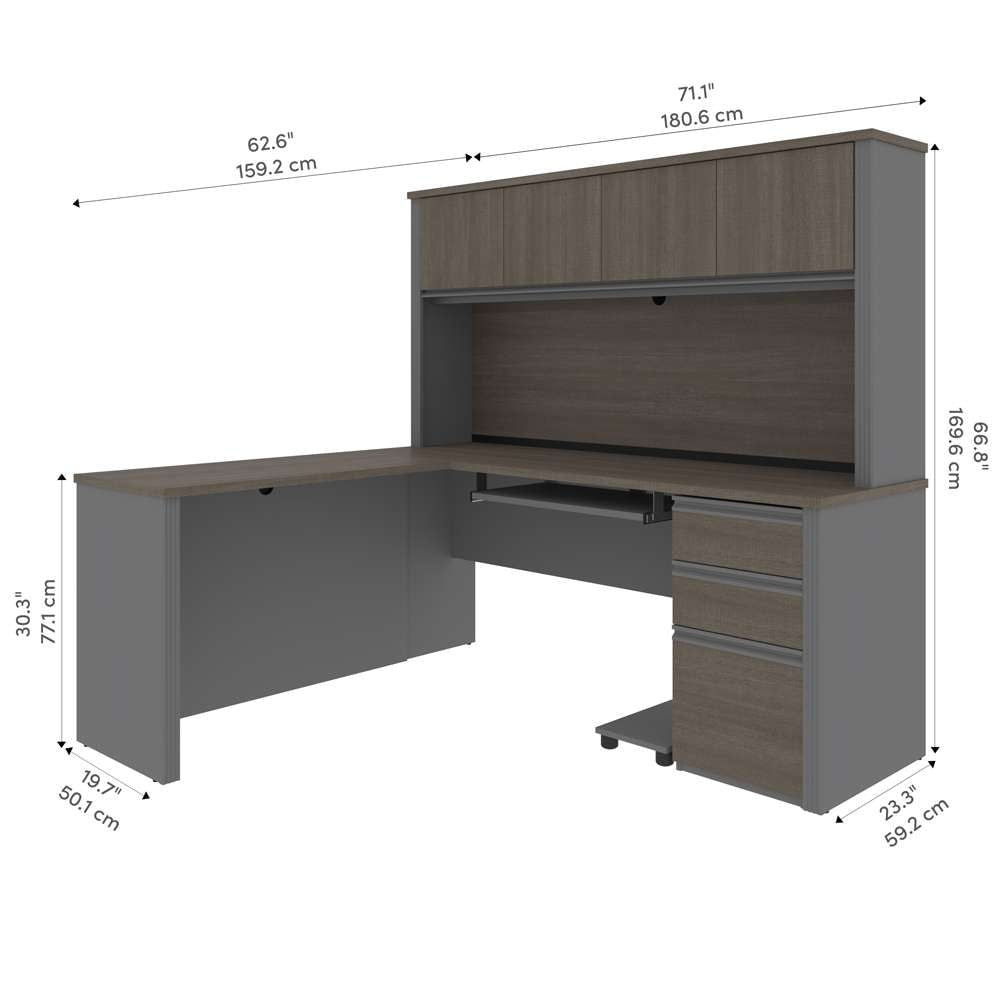 Bestar - Prestige + 72W L-Shaped Desk with Pedestal and Hutch in Bark Grey & Slate - 99872-000047 veiw 10