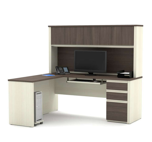 Bestar - Prestige + 72W L-Shaped Desk with Pedestal and Hutch in White Chocolate & Antigua - 99872-52 veiw 1