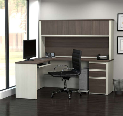 Bestar - Prestige + 72W L-Shaped Desk with Pedestal and Hutch in White Chocolate & Antigua - 99872-52 veiw 3