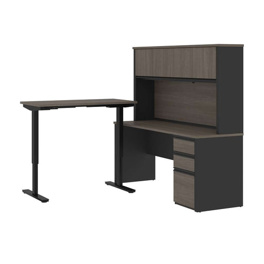 Bestar - Prestige + 72W L-Shaped Standing Desk with Pedestal and Hutch in Bark Grey & Slate - 99886-000047 veiw 1