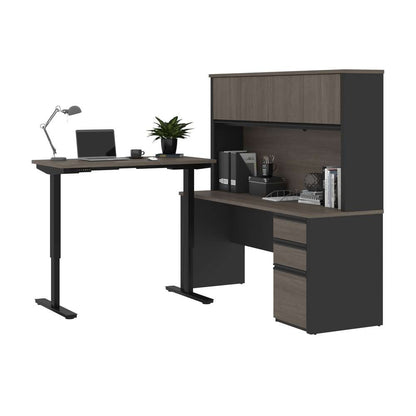 Bestar - Prestige + 72W L-Shaped Standing Desk with Pedestal and Hutch in Bark Grey & Slate - 99886-000047 veiw 2