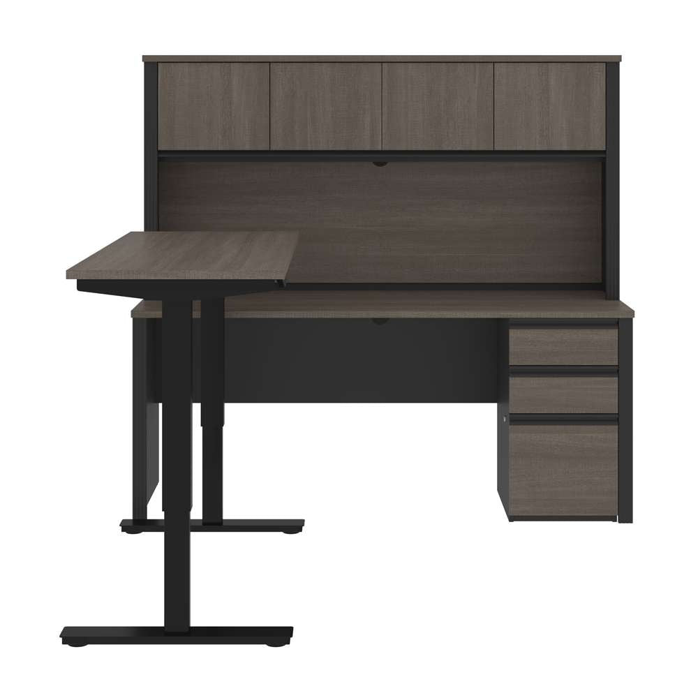 Bestar - Prestige + 72W L-Shaped Standing Desk with Pedestal and Hutch in Bark Grey & Slate - 99886-000047 veiw 4
