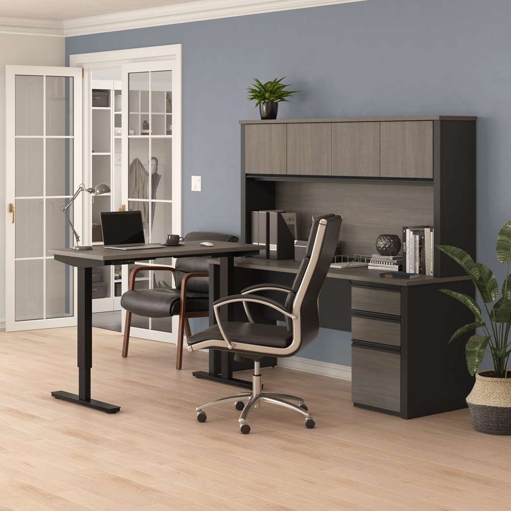 Bestar - Prestige + 72W L-Shaped Standing Desk with Pedestal and Hutch in Bark Grey & Slate - 99886-000047 veiw 7