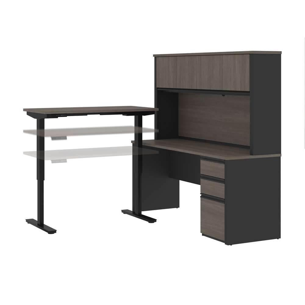 Bestar - Prestige + 72W L-Shaped Standing Desk with Pedestal and Hutch in Bark Grey & Slate - 99886-000047 veiw 8