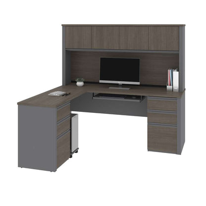 Bestar - Prestige + 72W Modern L-Shaped Office Desk with Two Pedestals and Hutch in Bark Grey & Slate - 99852-000047 veiw 2