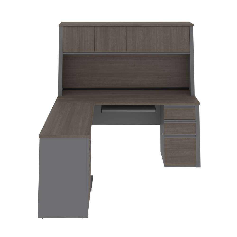 Bestar - Prestige + 72W Modern L-Shaped Office Desk with Two Pedestals and Hutch in Bark Grey & Slate - 99852-000047 veiw 3