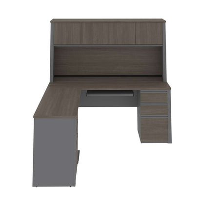 Bestar - Prestige + 72W Modern L-Shaped Office Desk with Two Pedestals and Hutch in Bark Grey & Slate - 99852-000047 veiw 3