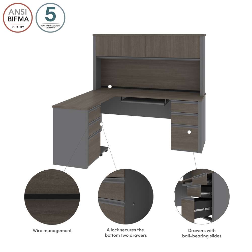 Bestar - Prestige + 72W Modern L-Shaped Office Desk with Two Pedestals and Hutch in Bark Grey & Slate - 99852-000047 veiw 7