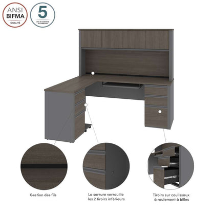 Bestar - Prestige + 72W Modern L-Shaped Office Desk with Two Pedestals and Hutch in Bark Grey & Slate - 99852-000047 veiw 8