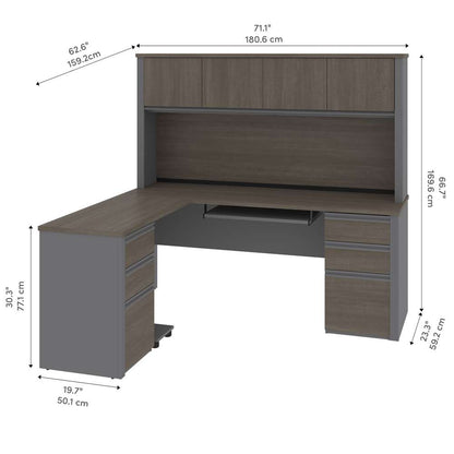 Bestar - Prestige + 72W Modern L-Shaped Office Desk with Two Pedestals and Hutch in Bark Grey & Slate - 99852-000047 veiw 9