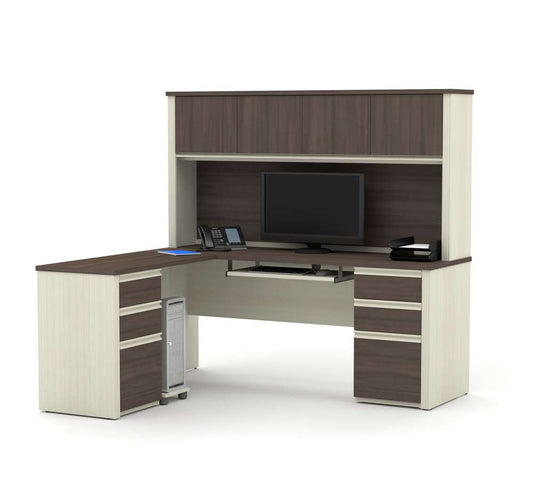 Bestar - Prestige + 72W Modern L-Shaped Office Desk with Two Pedestals and Hutch in White Chocolate & Antigua - 99852-52 veiw 1