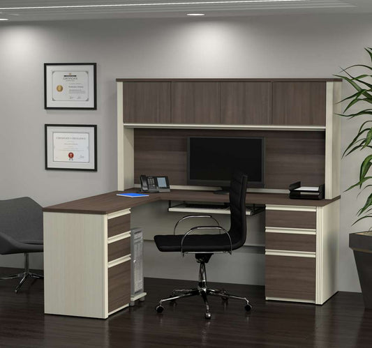 Bestar - Prestige + 72W Modern L-Shaped Office Desk with Two Pedestals and Hutch in White Chocolate & Antigua - 99852-52 veiw 2