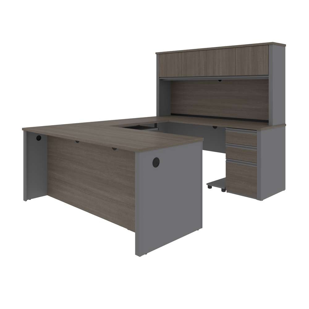 Bestar - Prestige + 72W U-Shaped Executive Desk with 2 Pedestals and Hutch in Bark Grey & Slate - 99853-000047 veiw 1