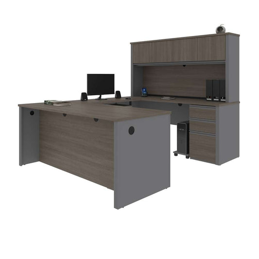 Bestar - Prestige + 72W U-Shaped Executive Desk with 2 Pedestals and Hutch in Bark Grey & Slate - 99853-000047 veiw 2