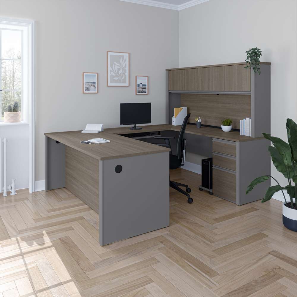 Bestar - Prestige + 72W U-Shaped Executive Desk with 2 Pedestals and Hutch in Bark Grey & Slate - 99853-000047 veiw 7