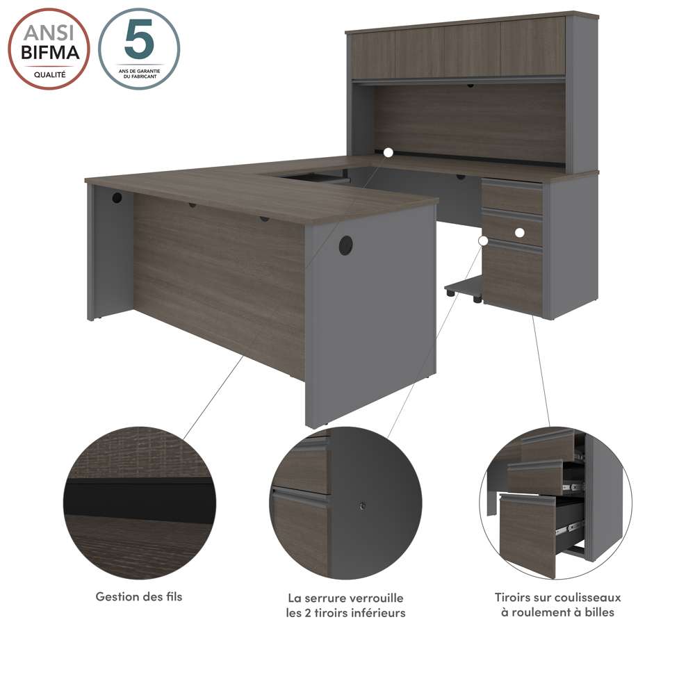 Bestar - Prestige + 72W U-Shaped Executive Desk with 2 Pedestals and Hutch in Bark Grey & Slate - 99853-000047 veiw 9