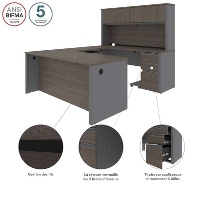 Bestar - Prestige + 72W U-Shaped Executive Desk with 2 Pedestals and Hutch in Bark Grey & Slate - 99853-000047 veiw 9