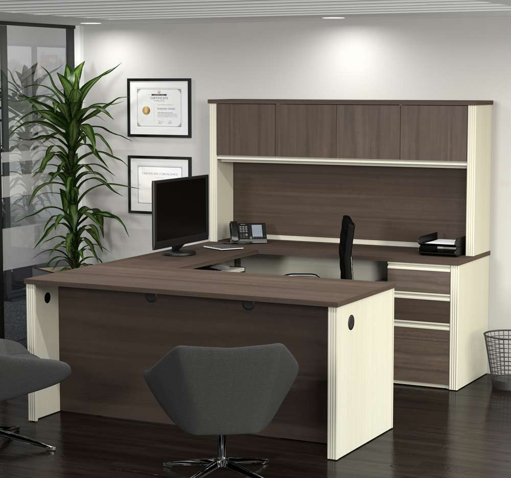 Bestar - Prestige + 72W U-Shaped Executive Desk with 2 Pedestals and Hutch in White Chocolate & Antigua - 99853-52 veiw 5